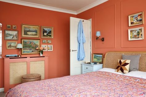 Orange bedroom in 1930s Bath house transformed with colourful art Bedroom Ideas 1930s House, West Facing Bedroom, 1930 Bedroom, 1970s Bedroom, 1930s Semi Detached House, 1930s Home, Colourful Canvas, Tulip Dining Table, Orange Bedroom