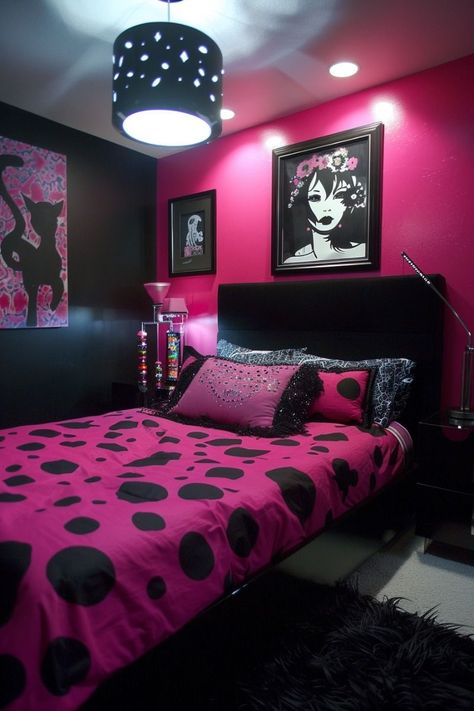 Pink And Black Bedroom, Pink Bedroom Ideas For Adults, Light Pink Bedding, Bedroom Ideas For Adults, Hot Pink Room, Pink Bookshelves, 2000s Room, Black Walls Bedroom, Girl Apartment