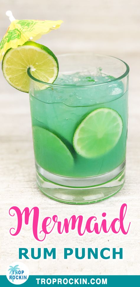 Mermaid Water Drink, Rum Drinks Easy, Summer Mixed Drinks, Rum Punch Cocktail, Rum Punch Recipe, Mermaid Cocktail, Fruity Alcohol Drinks, Mermaid Drink, Mermaid Water