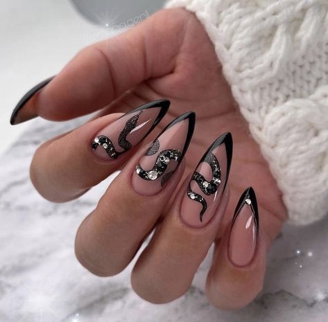 Acrylic Nails Sharp Almond, Folklore Nails, Snake Skin Nails, Ball Ideas, Edgy Nails, Goth Nails, Animal Nails, Animal Print Nails, Acrylic Nails Coffin Pink