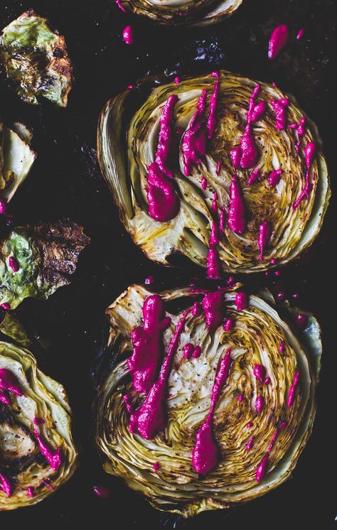 Crispy, crunchy edges adorn these roasted cabbage steaks, drizzled with a garlicky beet sauce. Vegetarian and gluten-free recipe. Beet Sauce, Cabbage Wedges, Roasted Cabbage Wedges, Roasted Cabbage Steaks, Cabbage Steaks, Roasted Cabbage, Vegetarian Recipe, Side Dish Recipes, Veggie Recipes