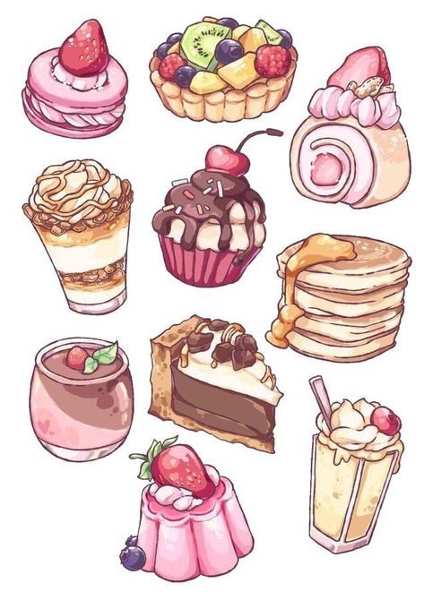 Props Drawing, Blushing Anime, Desserts Drawing, Chibi Food, Food Doodles, 귀여운 음식 그림, Desain Buklet, Cute Easy Doodles, Pink Kawaii