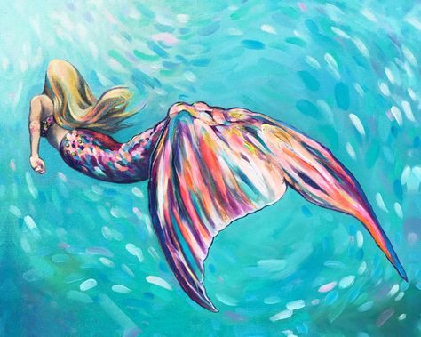 "Aloha! For all the mermaids at heart. This dreamy underwater \"Mermaid\" is a print of an original acrylic painting/mixed media piece which featured rich texture and sea glass found on Kauai. Get your own giclée canvas or art print to adorn your home or office. * Printed with high quality UV resistant pigments. * Hand-made and stretched canvas prints standard sizes are 5x7 or 9x12 inches and are protected with a high quality, UV resistant, satin varnish. * Frame-able art prints are printed on l Mermaid Acrylic Painting Easy, Mermaid Painting Easy, Fairytale Painting, Blonde Mermaid, Underwater Mermaid, Dog Foto, Mermaid Canvas, Beach Mural, Mermaid Sign