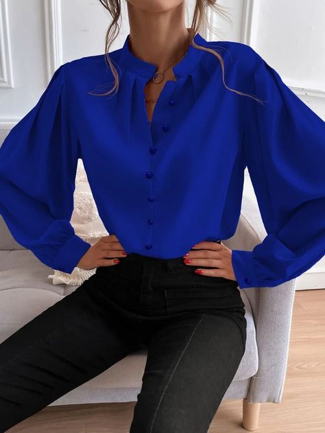 Stand Collar Blouse, Women Bodycon Dress, Puff Long Sleeves, Bishop Sleeve, Loose Shirts, Pullover Shirt, Collar Blouse, Inspiration Mode, Blue Shirt