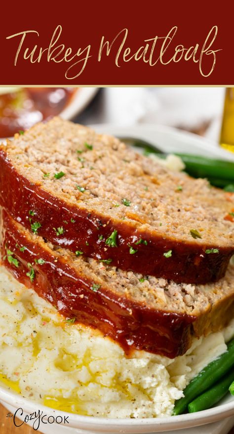 turkey meatloaf on top of mashed potatoes and green beans Smoked Turkey Meatloaf, Turkey Meat Dinner Ideas, Meatloaf Cook Time, Ground Turkey Meatloaf Recipes, Ground Beef Stew Recipes, Juicy Meatloaf, Ground Turkey Meatloaf, Turkey Meatloaf Recipe, Keto Ground Beef Recipes