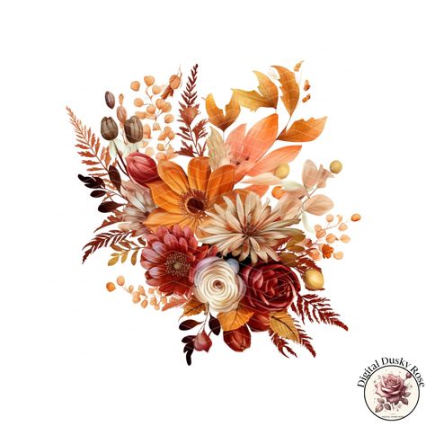 Watercolor Autumn Bouquet Clipart: Leaves and Orange Burgundy Flowers for Fall Crafting and Decor for Scrapbooking and Invitation https://digitalduskyrose.etsy.com/listing/1780927239 Embrace the warmth of the fall season with our Watercolor Autumn Bouquet Clipart collection. This set features beautifully illustrated bouquets of leaves and orange burgundy flowers, perfect for adding a touch of autumnal charm to your crafting projects. Ideal for scrapbooking, card making, invitations, and sea... Autumn Flowers Illustration, Flowers For Fall, Flower Bouquet Drawing, Fall Crafting, Bouquet Clipart, Autumn Bouquet, Fall Watercolor, Burgundy Flowers, Fall Flowers