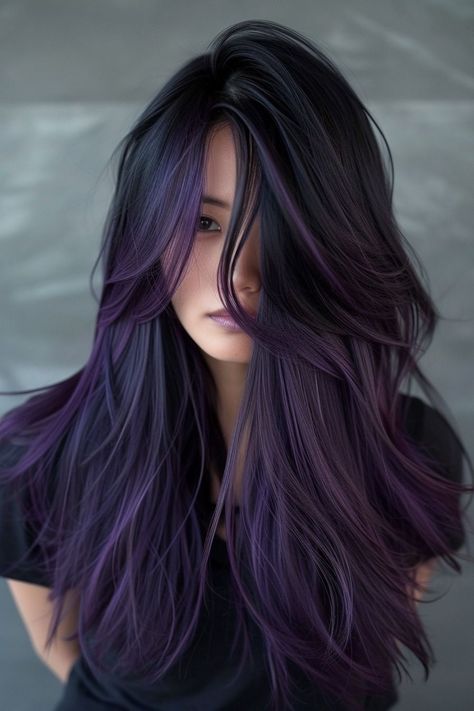 Long Black Hair With Purple Streaks, Long Hair Peekaboo Color, Purple Ombre Hair Straight, Purple Highlights Dark Hair, Purple Hair Dye Ideas For Brunettes, Purple Streaks In Black Hair, Dark Purple Black Hair, Purple Layered Hair, Black Hair With Purple Tint