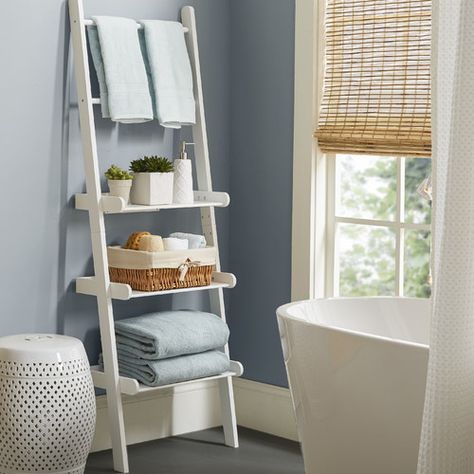 Features:  -Ladder Shelf.  -Material: Painted MDF wood composite.  -Handy and sturdy.  -Securely attaches to wall.  -Each shelf holds up to 12 pounds.  -Used in other areas of home for extra storage s Zen Bathroom, Diy Bathroom Storage, Bathroom Storage Shelves, Towel Racks, Tiny Bathrooms, Toilet Storage, Bathroom Shelf, Apartment Bathroom, Cabinet Shelving