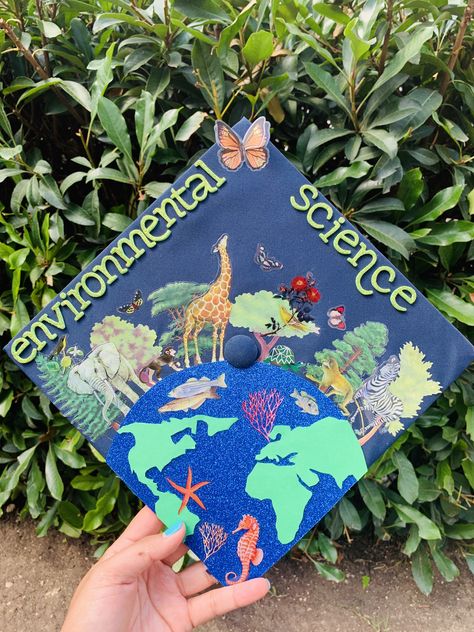 Environmental science grad cap Science Grad Cap Ideas, Science Grad Cap, Biology Graduation Cap, High School Projects, Science Graduation Cap, Environmental Science Projects, Environmental Science Activities, Environmental Science Lessons, Science High School