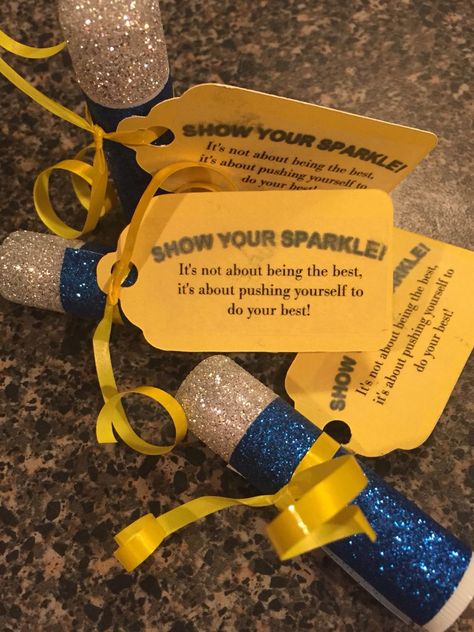 Goody Bags For Dance Team, Dance Team Party Favors, Gymnastics Meet Goodie Bags, Cheerleading Gifts For Competition Goodie Bags, Spirit Squad Ideas, Pageant Goodie Bag Ideas, Cheer Competition Treats, Gifts For Cheer Competition, All Star Cheer Team Reveal Ideas