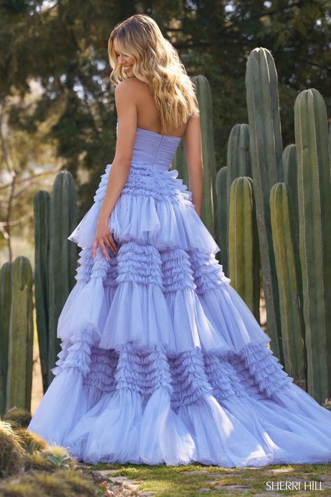 Buy dress style № 55677 designed by SherriHill Flowy Pageant Gown, Light Blue Prom Dresses, Tiered Prom Dress, Strapless Long Dress, Tulle Balls, Sherri Hill Prom, Red Blush, Princess Sleeves, Sherri Hill Prom Dresses