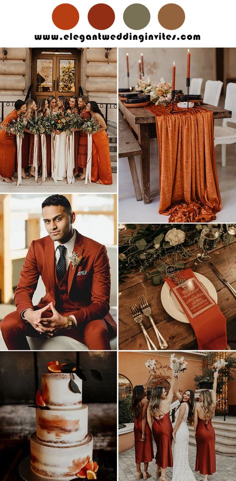 November Wedding Burnt Orange, Spring Burnt Orange Wedding, Eggplant Burnt Orange Wedding, Wedding Color Burnt Orange, Orange Wedding Decorations Ideas, Burnt Orange Terracotta Wedding, Burnt Orange Halloween Wedding, Orange Color Palettes Wedding, Wedding Dress With Orange Accent