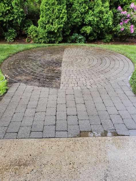 Before and after of pressure washing paver job. Pressure Washing Services, Pressure Washing, Stepping Stones, Outdoor Decor