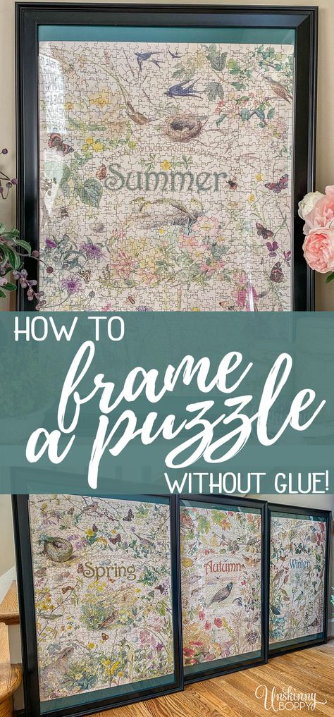 How to Frame a Puzzle without Puzzle Glue - Beth Bryan Hanging Puzzles On Wall With Frame, Puzzle Saving Ideas, How To Save A Puzzle, Puzzle Wall Display Ideas, Puzzle As Wall Art, Puzzle Mounting Ideas, How To Save A Puzzle To Frame, How To Frame Puzzles Wall Art, Hanging Puzzles On Wall Without Frame