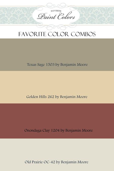 Favorite Paint Colors: color combinations Color Palette For Home, Door Shutters, Kitchen Colour Combination, Interior Paint Colors Schemes, House Paint Color Combination, Color Combinations Paint, Golden Hill, Benjamin Moore Colors, Primitive Kitchen