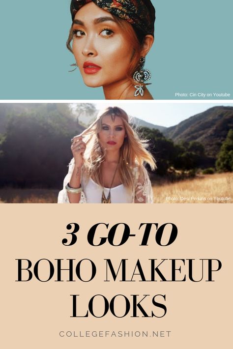 Bohemian Style 101: 3 Simple Boho Makeup Looks - College Fashion Makeup Looks For Daytime, Boho Makeup Tutorial, Bohemian Makeup Look Boho, Hippie Makeup Looks Boho Style, Bohemian Makeup Look, Boho Makeup Looks, Simple Boho Hairstyles, Boho Chic Makeup, Boho Festival Makeup