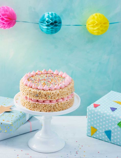 Our no-bake rice crispie celebration cake is the perfect fuss-free birthday cake. Made with melted marshmallows and lots of colourful sprinkles, pop it on the table and let everyone grab a slice Rice Crispy Cake, Rice Krispie Cakes, Rice Crispie, Vegan Wedding Cake, Recipe Rice, Homemade Birthday Cakes, Celebration Cake, Barbie Cake, Rice Crispy Treats