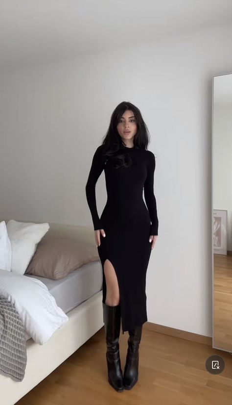 Sultry Fall Outfits, Black Dress Long Boots, Black Midi Dress And Boots, Dark Feminine Classy Outfits, Long Boots Outfit Aesthetic, Femme Fatale Fall Outfit, Feminine Outfits Aesthetic Winter, Knee High Boot Dress Outfit, Feminine Style 2023