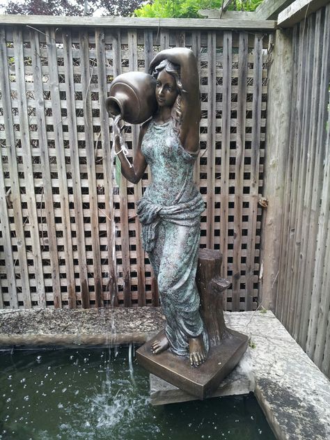 Two tone bronze woman holding a jug fountain pours water into our new pond Roman Fountain, Gardening Australia, Greek Garden, Sculpture Drawing, Sculpture Fountain, Water Sculpture, Statue Fountain, Garden Figures, Brick Decor