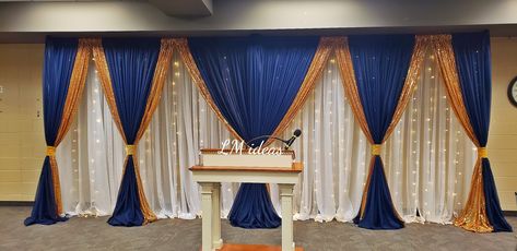 Royal Blue Backdrop Ideas, Blue And Gold Backdrop, Royal Blue And Gold Backdrop, Royal Blue Photo Backdrop, Royal Blue Traditional Drape Sets With Cutdana, Royal Blue Sets For Party With Traditional Drape, Graduation Backdrop, Gold Backdrop, Types Of Curtains