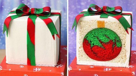 A present-shaped cake that reveals a festive red and green Christmas ornament inside. Christmas Present Cake, Present Cake, Green Cake, Red And Green Christmas, White Cake Mixes, Holidays Christmas, Christmas Stuff, Christmas Recipes, Green Christmas