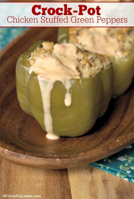 Crock-Pot Chicken Stuffed Green Peppers - Your'e going to love this healthy recipe for Crock-Pot Chicken Stuffed Green Peppers! Chicken and rice stuffed pepper with a lovely creamy lemon sauce. So good! [Gluten Free, Low Calorie, Low Fat, Low Sodium, Low Sugar  3 WW SP (Blue  Purple Plans) Or 4 WW SP (Green Plan)] #CrockPotLadies #CrockPot #SlowCooker #ChickenRecipes Creamy Lemon Sauce, Green Pepper Recipes, Stuffed Peppers With Rice, Chicken And Cheese, Crock Pot Chicken, Stuffed Pepper, Chicken Stuffed, Green Peppers, Lemon Sauce