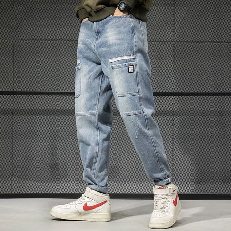 Guys Fashion Casual, Pocket Cargo Pants, Jeans Outfit Men, Hip Hop Jeans, Jeans Light Blue, Streetwear Hip Hop, Cheap Jeans, Mens Fashion Jeans, Big Pocket