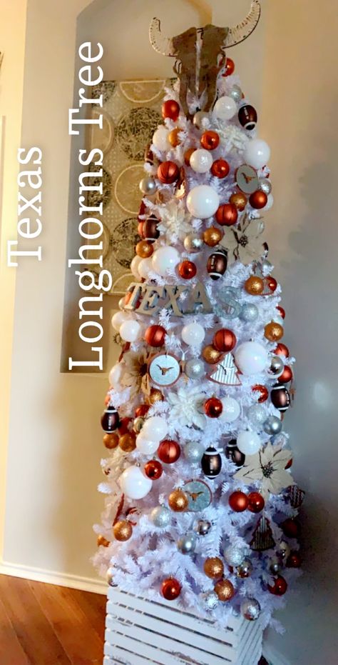 diy Texas Longhorn Tree "Hook'em" Texas Longhorns Christmas Tree, Texas Longhorn Christmas Tree, Texas Christmas Tree, Texas Christmas, Oregon Ducks Football, Texas Longhorn, Office Christmas, Oregon Ducks, Texas Longhorns