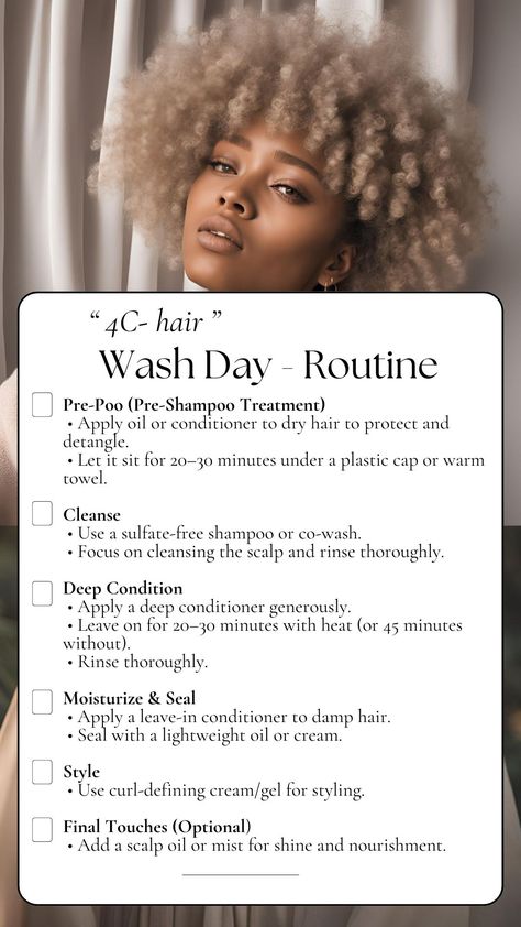 Wash Routine For 4c Hair, 4c Hair Wash Routine, Weekly Hair Care Routine Curly, Washing 4c Hair Routine, How To Take Care Of 4c Hair, 4c Wash Day Routine, Wash Day Routine Natural 4c Hair, 4c Hair Products For Growth, Hair Routine Steps