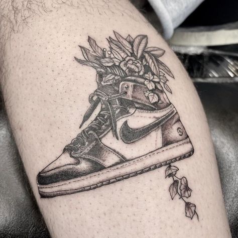 Niko Bianco on Instagram: “Fragment 1s w/ some plants in it 🌱  . . . #fragment1s #jordan1 #jordans #sneakertattoo #sneakerhead #hype #hypebeast #supreme #fairfax…” Shoes Tattoo, Nike Tattoo, Jordan Tattoo, Shoe Tattoos, Japanese Flower Tattoo, Nerd Tattoo, Bestie Tattoo, Gangsta Tattoos, Koi Tattoo