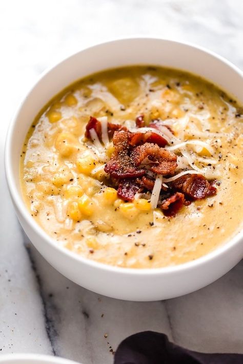 Cheddar Corn Chowder, Corn Chowder With Bacon, Cheddar Corn, Bacon Corn Chowder, Ww Food, Bacon Cauliflower, I'm Fat, Meal Prep Guide, Pot Dinners