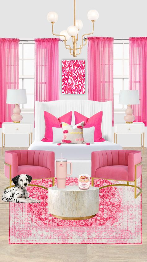 preppy hot pink room inspo!! 💋 #preppy #roominspo #hotpink #preppyroom #pink Pink Glam Bedroom, Room Inspo Preppy, Hot Pink Room Decor, Hot Pink Bedding, Hot Pink Room, Hot Pink Bedrooms, Small Room Makeover, Shuffles Preppy, Pink Dorm