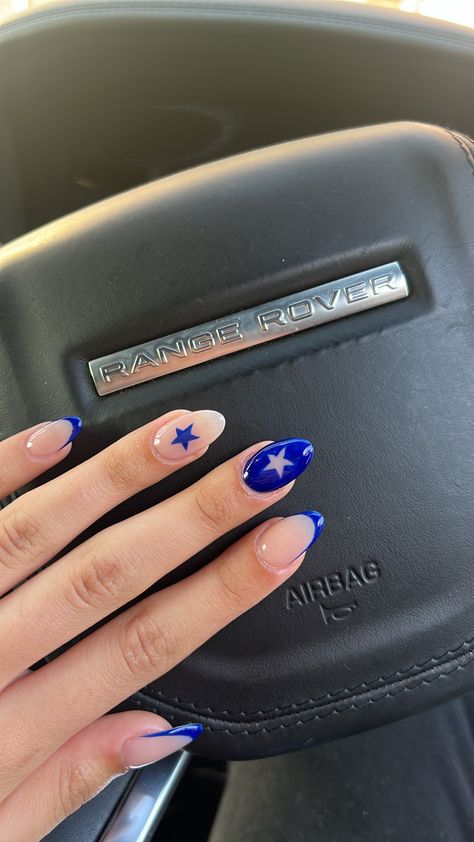 French And Solid Nails Together, Royal Blue Nails With Stars, Royal Blue Star Nails, Cheer Nails Cheerleading, Basic Design Nails, Colorful Winter Nails, Blue And White Star Nails, Blue Star Nails Acrylic, Navy Blue Nails With Stars