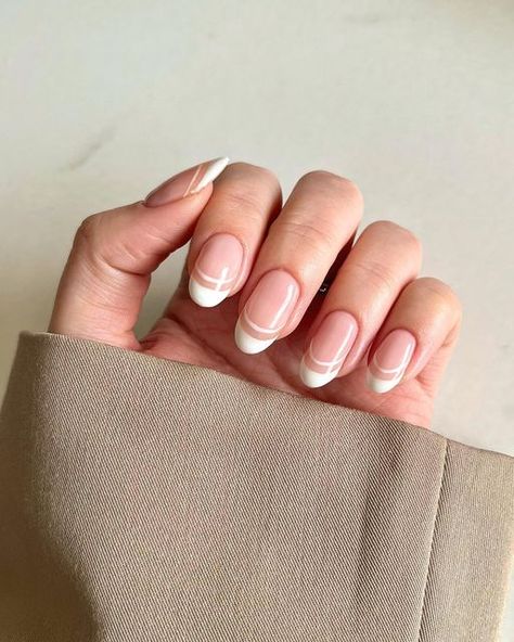 Hollie • Nail Artist & Inspo on Instagram: "Back to basics 🤍 I actually think double French tip nails are so much harder than it looks, but for a first attempt I’m not mad 😅 This could potentially be my last long almond nail post, as I broke one of my nails so short it inspired me to try square nails out again 🙊 hopefully no regrets. @the_gelbottle_inc dolly @brillbirduk go01 ————————— #classicfrench #doublefrench #frenchtips #frenchtipnails #basicnailart #nailart #nailartideas #nailartins French Tip Nails Double Line, Half Solid Half French Nails, Double Line French Tip Nails Short, French Tip Double Line, Double French Line Nails, Double French Tip, Double Line French Tip Nails, Double French Tip Nails, Double French Nails