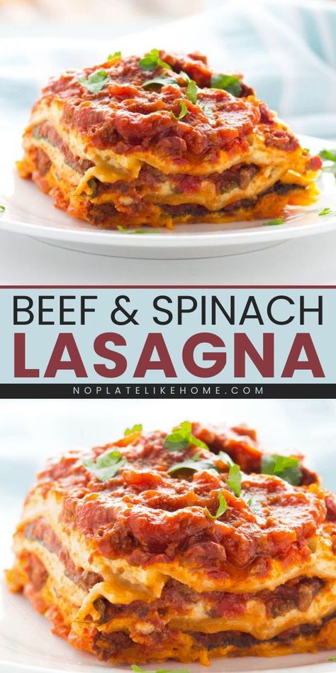 Out of easy dinner ideas? This Beef and Spinach Lasagna is an easy pasta recipe made with homemade meat sauce. This Italian recipe makes a great addition to your favorite comfort food ideas. Save this pin for later! Spinach And Meat Lasagna, Easy Spinach Lasagna, Ground Beef And Spinach, Comfort Food Ideas, Beef Lasagna Recipe, Lasagna With Ricotta, Lasagna Recipe With Ricotta, Easy Pasta Recipe, Homemade Meat Sauce