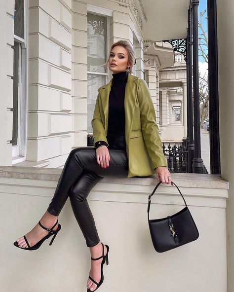 Green Leather Jacket Outfit, Olive Green Leather Jacket, Womens Leather Jacket Outfit, Olive Blazer, Blazer Collar, Rachel Ward, Olive Green Blazer, Faux Leather Blazer, Jacket Outfit Women