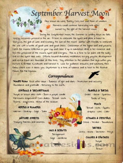 September Full Moon | Book of Shadows September Correspondences, September Full Moon, Witch Holidays, September Magick, Magickal Correspondences, Moon Facts, Lunar Magic, Moon Magick, Moon Spells