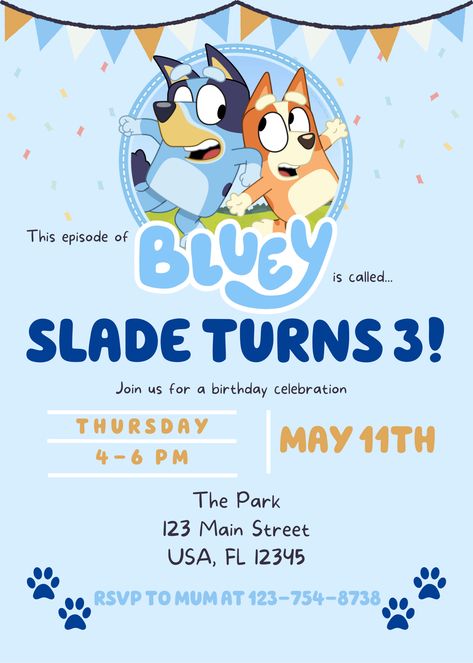 Bluey Birthday Invitation Template, Educational Posters For Kids, Bluey Birthday Invitation, 3rd Birthday Party For Boy, Bluey Birthday Party, 2nd Birthday Party For Boys, First Birthday Posters, Bluey Party, 2nd Birthday Boys