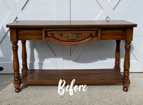 Sweet friends, I am SO excited to have a brand new haul to play with!! Today, I'm sharing an 80's sofa table makeover that was one of several pieces I picked up while yard saling a couple of weeks ago. I like to share my new hauls before diving in, but I'm joining my Furniture Diy Console Table Makeover, Add Shelf To Table, Entryway Table Refurbished, Sofa Table Refinishing Ideas, Antique Console Table Makeover, Refurbished Sofa Table, Entry Table Paint Ideas, Sofa Table Redo Furniture Makeover, Entry Table Makeover Diy