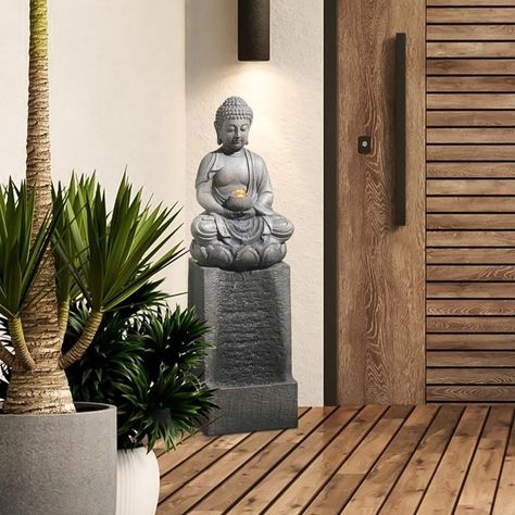 Grey Resin Meditating Buddha on Column Patio Fountain with LED Lights - Bed Bath & Beyond - 30917399 Backyard Statues, Zen Garden Design Meditation Space, Buddha Decor Ideas, Zen Water Fountain, Buddha Fountain, Front Walkway Landscaping, Japanese Garden Backyard, Zen Corner, Patio Fountain