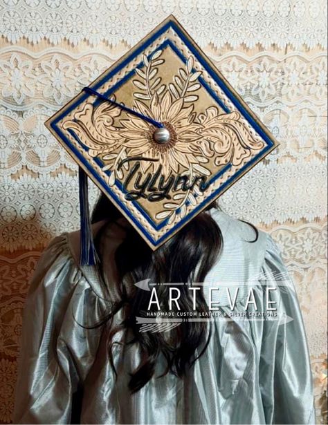 Leather Tooled Graduation Cap, Leather Grad Cap, Leather Graduation Cap, Western Graduation, Grad Cap Decoration, Grad Cap Decorated, Senior Things, Senior Crowns, Graduation Cap Decoration Diy