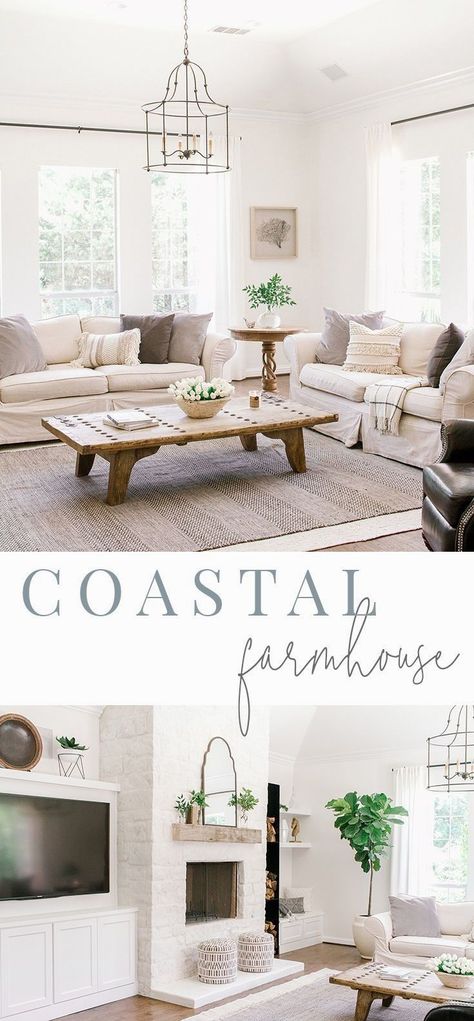 Today we are sharing my mom’s latest remodel that we call the #TouchGoldProject. Her living room is what we like to call coastal farmhouse. Coastal Farmhouse Living Room, Farm House Livingroom, Coastal Farmhouse Decor, Minimalist Living Room Decor, Farmhouse Style Living Room, Living Room Reveal, Coastal Living Rooms, Living Modern, Style Living Room