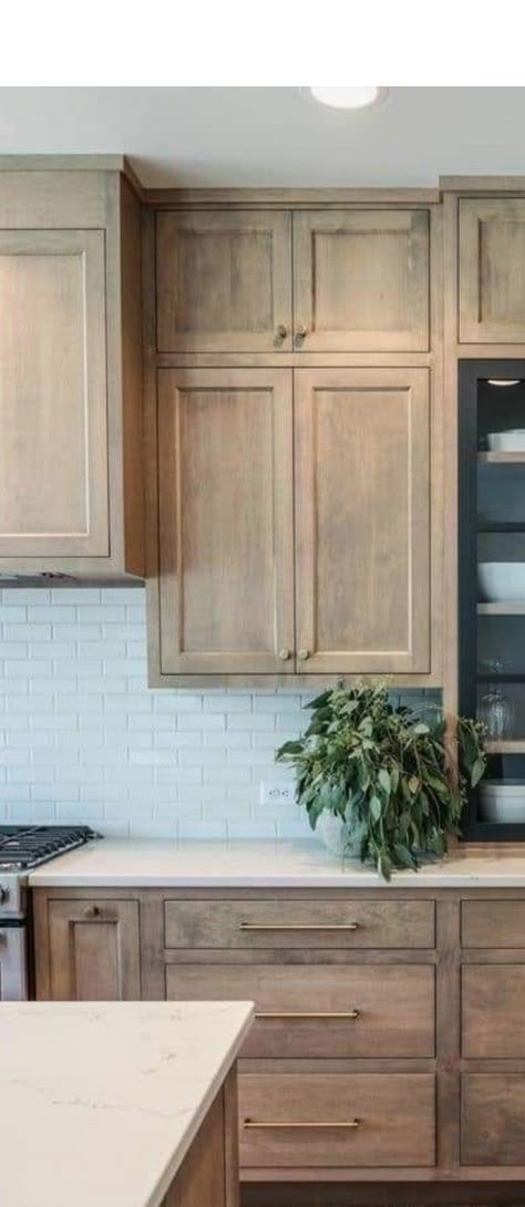 Neutral House Design, Kitchen Backsplash White Oak Cabinets, Light Wood Stain Cabinets, Light Wood Cabinets Gold Hardware, Stained Cabinets With Gold Hardware, Stain Kitchen Cabinets Lighter, Stained Birch Cabinets Kitchen, Light Stain Kitchen Cabinets, Wood Kitchen Cabinets Black Countertop