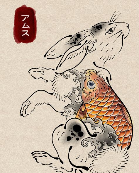 𓅋 Japanese inspired Rabbit with a Koi fish back piece. This design is not available. I can do another rendition if you are interested. Bookings and enquiries: 📨amsthatcher@gmail.com BOOKINGS OPEN FOR; September. ••• #backpiece #tattooartist #japanese #japanesetattoo #irezumi #irezumi_sketches #colourtattoo #koifish #koifishtattoo #rabbittattoo #flashtattoo Japanese Style Tattoo Art, Fish Tattoo Japanese, Koi Irezumi, Japanese Fish Tattoo, Rat Tattoo, Samurai Tattoo Design, Rabbit Tattoos, Koi Tattoo, Japanese Fish