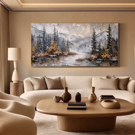 Autumn Oil Painting on Canvas Original Large Landscape Wall Art Neutral Abstract Wall Art Modern Livingroom Wall Art Mountain River Wall Art - Etsy Large Living Room Painting, Autumn Oil Painting, Livingroom Wall Art, Abstract Wall Art Living Room, Art Living Room Wall, Mountain River, Acrylic Artwork, Landscape Wall, Wall Bar