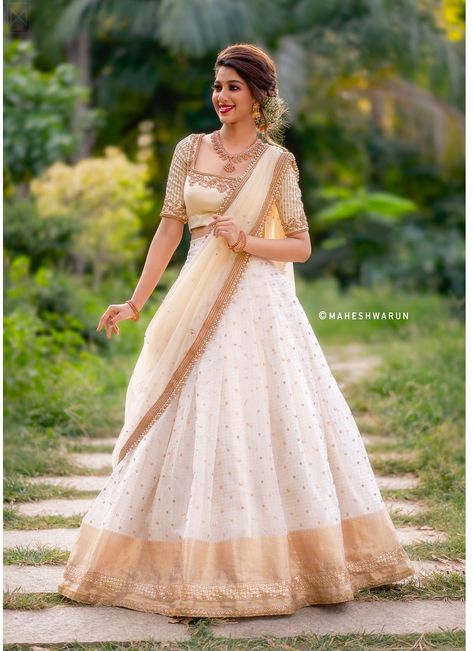 Lehengas Page 2 - ANJUSHANKAR White Half Saree, Traditional Half Saree Designs, Traditional Half Saree, Kerala Engagement Dress, Onam Outfits, Kerala Saree Blouse Designs, Keep Me Stylish, Haldi Outfits, Lehenga Saree Design