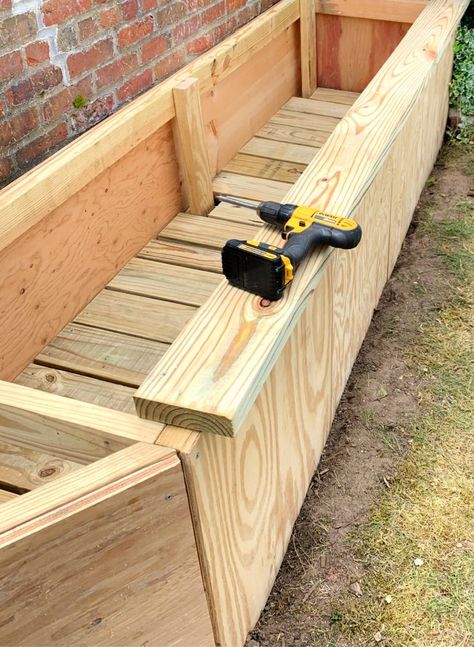 Long Wood Planter Boxes, Long Planter Boxes Diy, Plywood Planter Boxes, Deck With Planter Boxes Built Ins, Long Planter Boxes, Deck Planter Boxes, Plywood Diy, Brick Porch, Long Planter