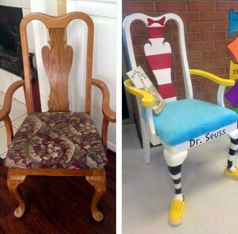 Cat in the hat chair Dr Seuss Chairs, Refurbished Chairs, Teacher Chairs, Dr Seuss Classroom, Seuss Classroom, Dr Seuss Baby Shower, Seuss Party, Dr Seuss Birthday, Deco Originale