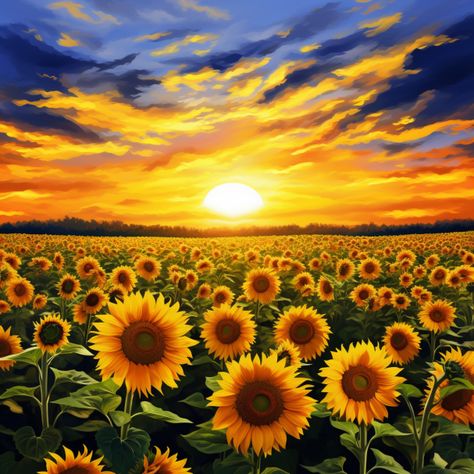 Sunset With Sunflowers, Fields Of Sunflowers, Big Sunflower Painting, Sunflower Field Drawing, Sunrise And Flowers, Sunflower Scenery, Sunflower Field Painting, Sunflower Landscape, Flower Field Painting