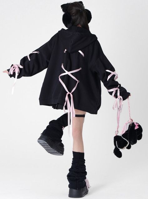 ❤︎Backside Lace-up Over Hooded Hoodie❤︎ This item will take 1 week to ship. Hood Up Outfit, Preppy Tops, Lace Hoodie, Kawaii Fashion Outfits, Fashion Wishlist, Lace Collar, Zipper Jacket, Oversize Hoodie, Kawaii Fashion